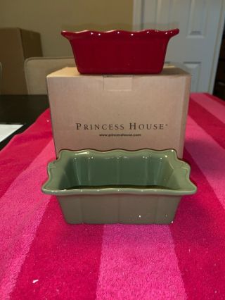 Princess House Pavillion Berry (red) & Olive (green) Mini Loaf Pans Rare 6367