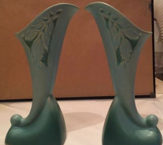 2 Roseville Pottery Cornucopia/vases,  Silhouette,  Green,  721 - 8 ",  C1950