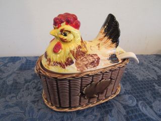 Ceramic Hen On Nest Soup Tureen With Spoon Ladle Gravy Boat