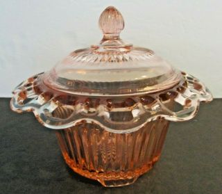 Hocking Pink Old Colony " Lace Edge " Ribbed Candy Jar And Cover