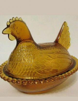 Vintage Indiana Glass Amber Gold Hen Chicken On Nest Candy Bowl Dish Depression