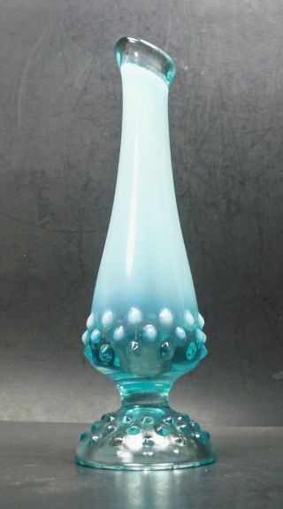 Vintage Fenton Art Glass Powder Blue Opalescent Hobnail 8 " Bud Vase 1950s