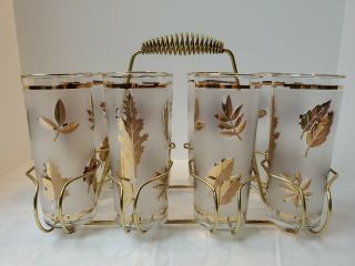 Vintage Mid Century Set Of 8 Libby Gold Leaf Drinking Glasses W/caddy Carrier