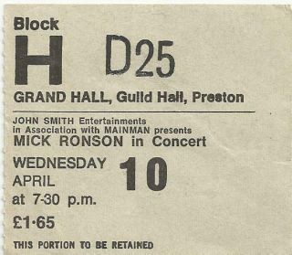 Mick Ronson David Bowie 1974 Uk Concert Ticket