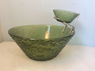 Vintage Anchor Hocking Soreno Avocado Green Glass Chip And Dip Bowl Set