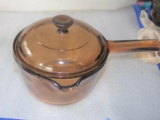 Vintage Corning Pyrex Vision Ware 1 L Amber Glass Pot Pour Spout Sauce Pan Lid