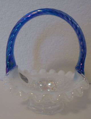 Vintage Miniature Glass Fenton Basket White Opalescent Carnival Handle