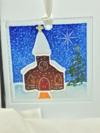Peggy Karr Fused Glass Christmas Tree Ornament Snowy Church