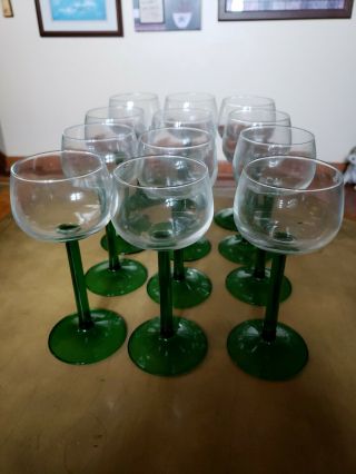 12 Vintage Luminarc Green Stem Wine Glasses 6 1/2 " Tall