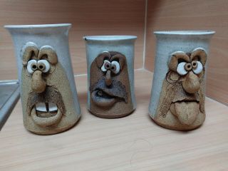 Vintage Ugly Funny Faces Stoneware Collectible 3 Mugs -