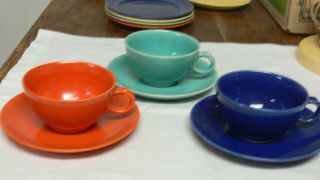 Art Deco Paden City Caliente Orange - Red Cobalt Blue Turquoise Cups N Saucers