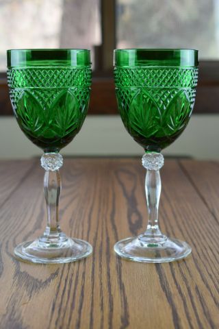 2 J.  G.  Durand Green Antique Water Goblet Glasses - Cristal D 
