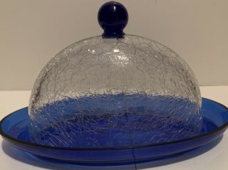 Cobalt Blue And Crackle Glass Dome Butter Dish With Lid