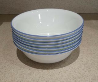 7 Corelle " Café Blue " / " True Blue Cereal Soup Dessert Salad Bowls Blue Stripe
