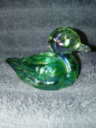 Fenton Art Glass,  Miniature Duck,  Iridized Light Green