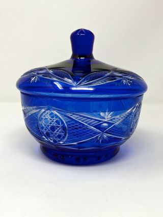 Vtg.  6.  5 " Tall Bohemian Blue Cut To Clear Crystal Candy Dish Bowl Cobalt Blue