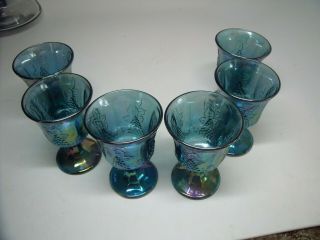 6 Harvest Grape Carnival Wine Glass 5 1/4 " Footed Goblets Iridescent Blue