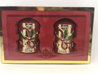 Lenox Holiday Nouveau Salt And Pepper Shakers Gold Red Holly Bow Nib Christmas