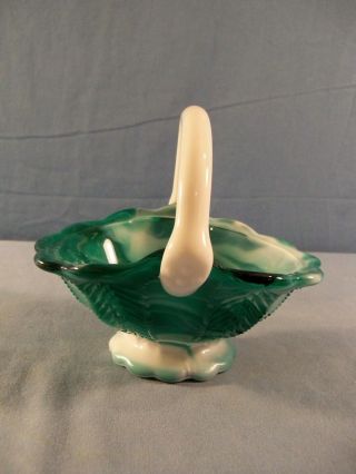 Imperial Green & White Slag Glass Basket 4 1/2 " Tall By 5 3/8 " Wide