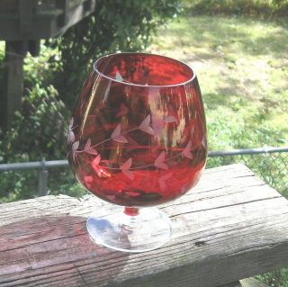 Vintage Ruby vase Brandy glass shape etched clear Pretty one 2