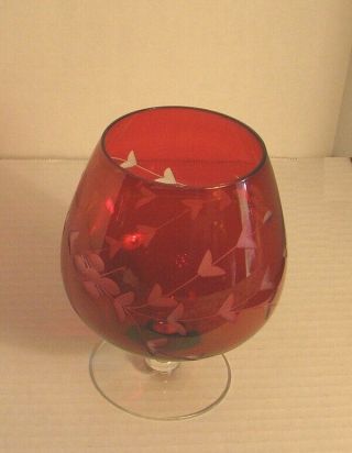 Vintage Ruby vase Brandy glass shape etched clear Pretty one 4