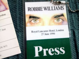 Robbie Williams Press Pass Announcement Of Solo Career 1996 Plus Invite To Event