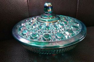 Vintage Indiana Windsor Blue Iridescent Carnival Glass Round Candy Dish With Lid