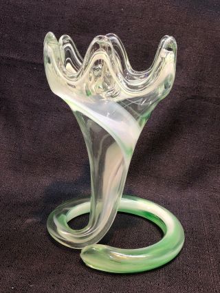 Murano Italian Art Glass Hand Blown/large Trumpet Vase/green/twisted Stem/vtg.