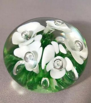 Glass Paperweight Joe St Clair Green White Floral Design Glassware Collectibles