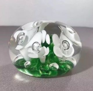 Glass Paperweight Joe St Clair Green White Floral Design Glassware Collectibles 3