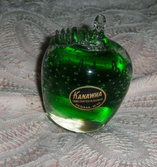 Vtg Kanawha Art Glass Emerald Green Apple Paperweight Bubble Glass Figurine W Va