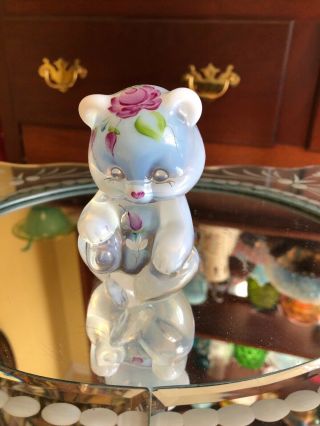 Fenton Glass Bear Cub Opalescent Cottage Rose Hand Painted Signed By Artist