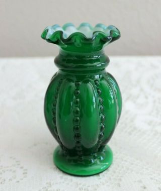 Vintage Fenton Glass Green Overlay Cased Beaded Melon Vase 4 "