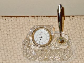 Waterford Crystal Desk Clock W/ Pen Holder - Ireland - Signed