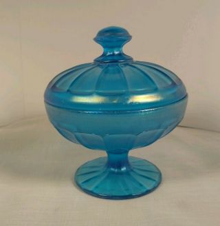 Vintage Fenton.  Celeste Blue Iridescent Stretch Glass.  Candy Bowl With Lid.  Mcm