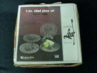 Nos Pebble Leaf 4 Pc Clear Twiggy Salad Plate Set 8 " Indiana Glass In Orig Box