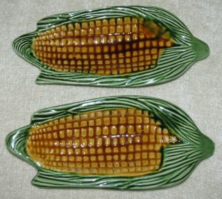 Majolica Roasted Corn On The Cob Trays Set Of 2 Vintage Pottery Made In Portugal