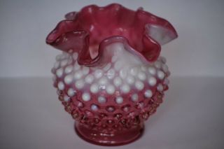 Vintage Fenton Cranberry Opalescent Hobnail Glass Rose Bowl Vase 4 1/2 