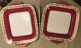 Pre - Owned Wedgwood Set Of 2 Two Whitehall Ruby Rim Square Handled Cake Plates