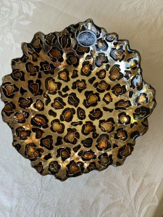 Decorative Art Glass Leopard Spotted Brown And Gold Small Glass Bowl Gold Edges