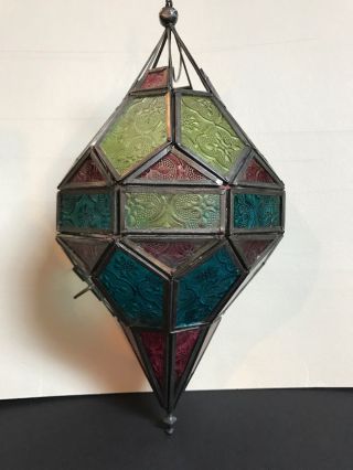 Boho Multi - Color Glass Lantern Light Stunning 12 1/2 Inches Tall In Vgc
