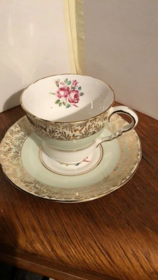Royal Stafford Bone China Tea Cup Saucer White & Green W/gold Floral Border Vtg
