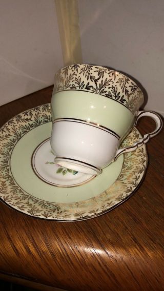 Royal Stafford Bone China Tea Cup Saucer White & Green w/Gold Floral Border Vtg 2
