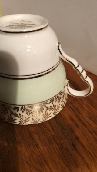 Royal Stafford Bone China Tea Cup Saucer White & Green w/Gold Floral Border Vtg 5