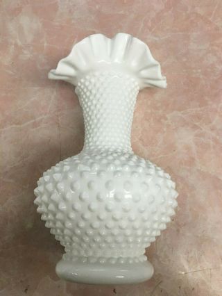 Fenton Art Glass Large Milk Hobnail Ruffled Top Vase 11” Exc Cond