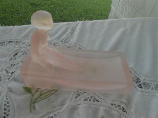 Art Deco Pink Satin Glass Nude Lady Sitting By Pool Pin Tray Soap Dish Vintage