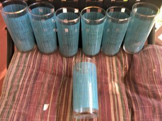 Set Of 7 Matching Vintage Retro Aqua Funky Striped Design Drinking Glasses