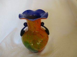 Hand Blown Multi Colored Art Glass Vase With Applied Handles - Ruffled 8 1/2 "