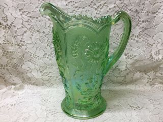 Clear Green Carnival Glass Water Serving Pitcher Field Flower Pattern Iridescent