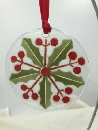 Peggy Karr Fused Glass Round Christmas Tree Ornament Holly And Berries